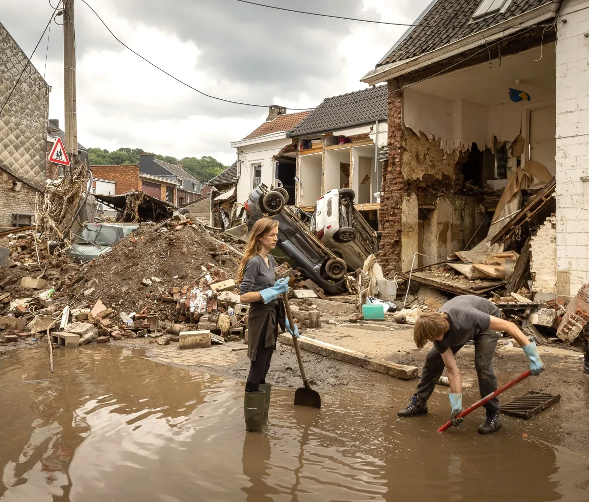De bevolking bleef achter in puin na de overstroming in Wallonië.