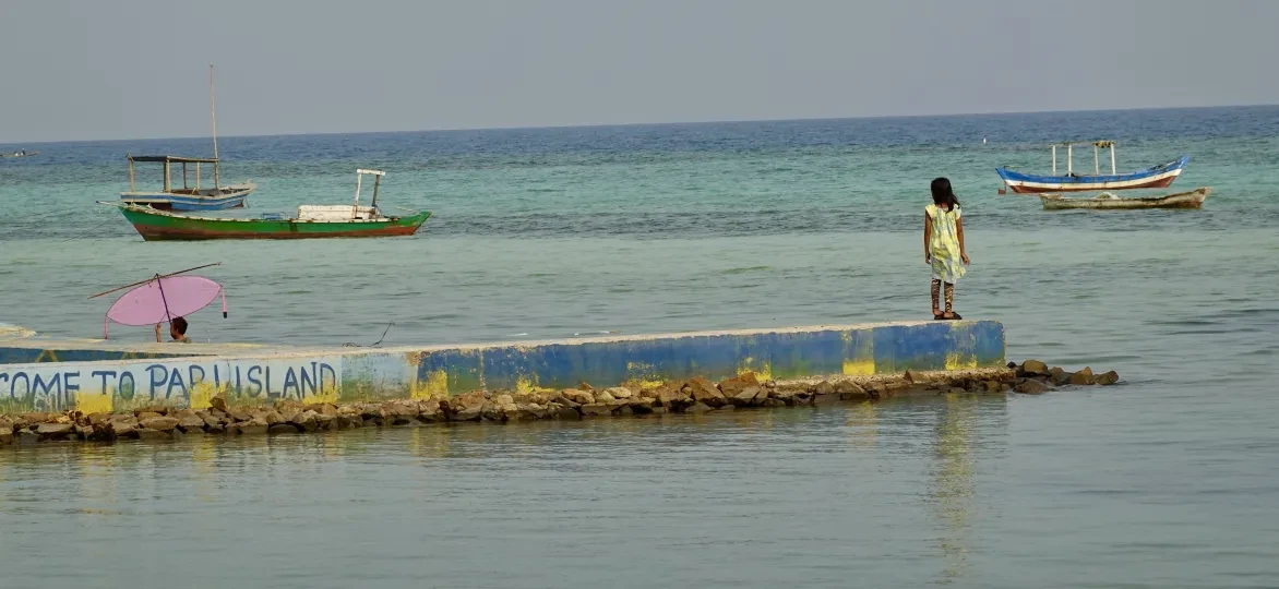 Zicht op de haven van Pari Island