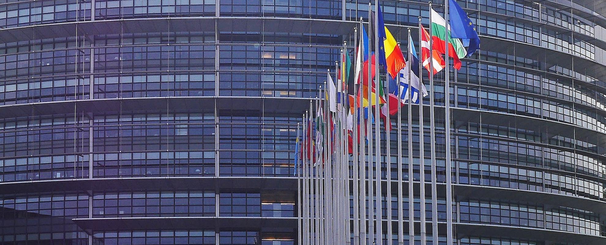 Vlaggen Europese landen bij gebouw Europees Parlement