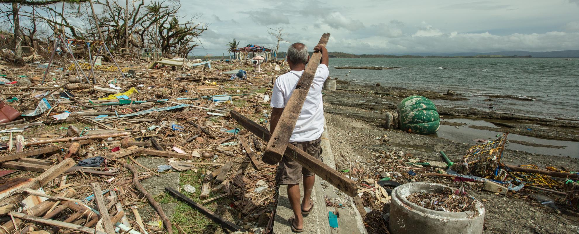 Man verzamelt hout voor de heropbouw na de passage van tyfoon Haiyan in de Filipijnen