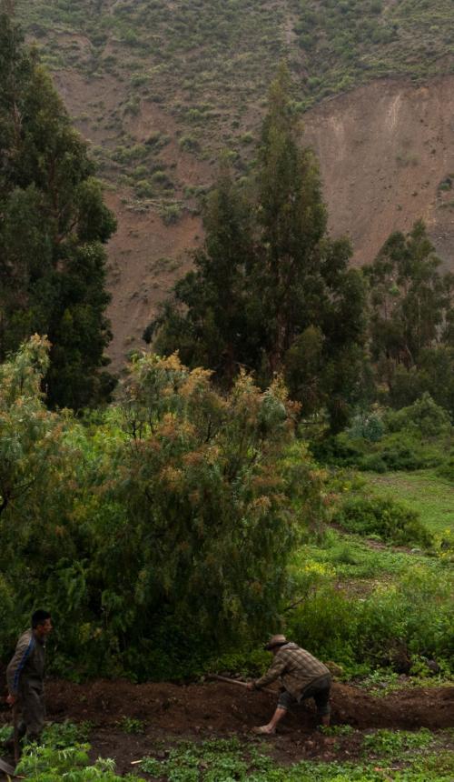 Gemeenschap die gezamelijk werkt aan het graven van een irrigatiekanaal. Op de achtergrond zijn de invloeden van de klimaatsveranderingen duidelijk zichtbaar: meer regenval op korte periode zorgt voor landerosie.