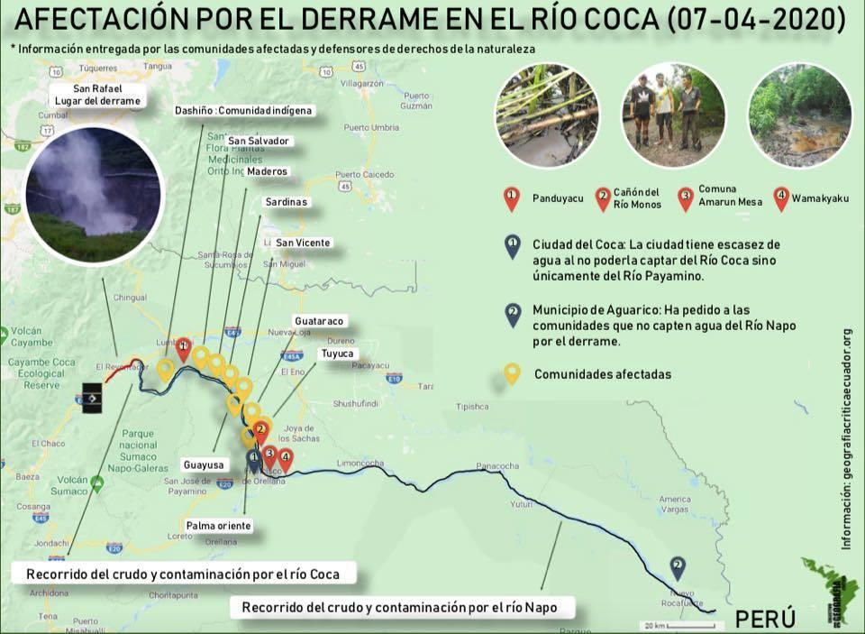 Kaart van de olieramp in de Coca-rivier (gemaakt door Colectivo de Geografía Crítica)