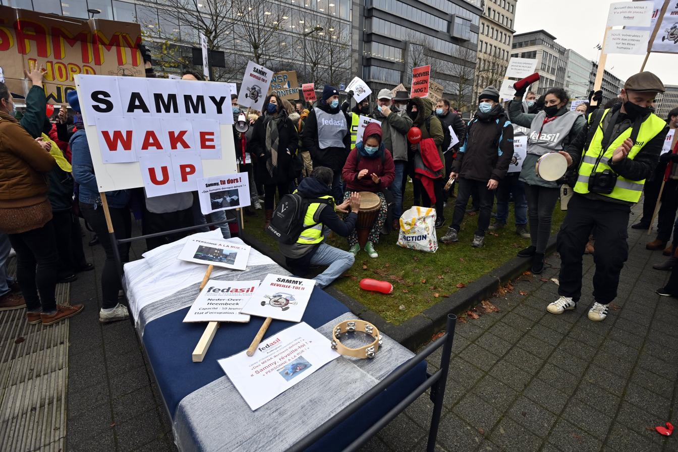 Protest opvangcrisis in Brussel 'Sammy wake up'