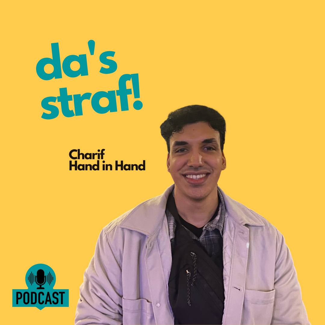 Foto met Charif en logo da's straf podcast