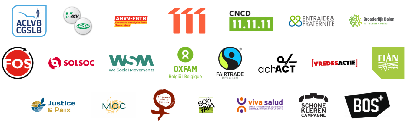 Logo's partners madewithrespect.be - ACLVB - ACV - ABVV - 11.11.11 - CNCD-11.11.11 - Entraide&Fraternité - Broederlijk Delen - FOS - SOLSOC - WSM - Oxfam België - Fairtrade Belgium - achACT - Vredesactie - FIAN - Justice& Paix - MOC - Le Monde selon les Femmes - SOS Faim - Viva Salud - SKC - BOS+