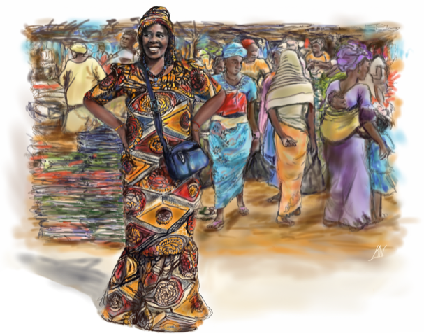Afrikaanse vrouw op de markt - tekening - Afractie