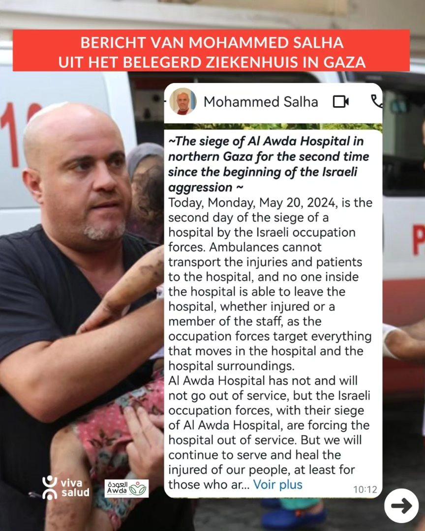 Mohammed Salha, directeur van het Al-Awda ziekenhuis in Noord-Gaza, bericht over de Israëlische belegering. © Viva Salud