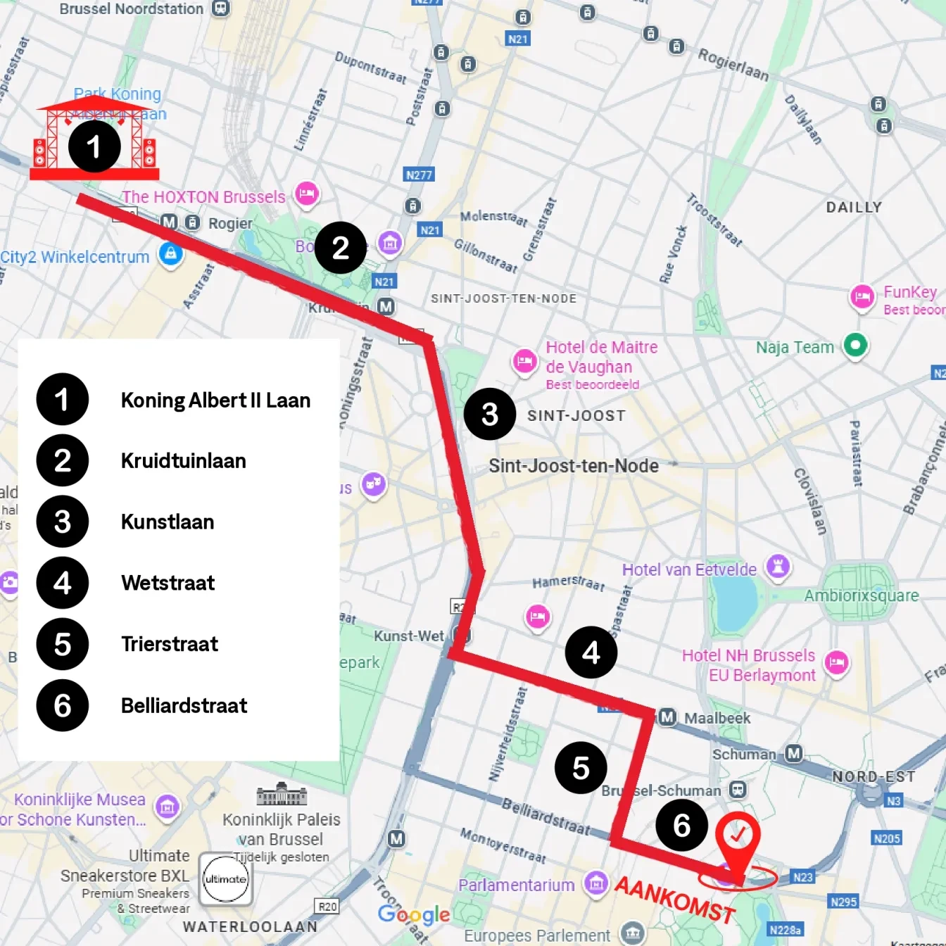Route mars De Rode Lijn - Noordstation Brussel tot Jean Reyplein