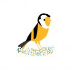 Logo De Verhalenweverij distelvink in geel zwart wit op nest van letters