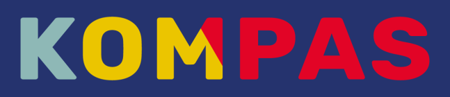 Logo vzw Kompas in kleuren geel, lichtblauw, donkerblauw, rood