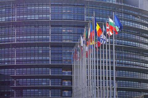 Vlaggen Europese landen bij gebouw Europees Parlement