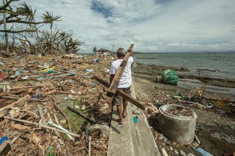 Man verzamelt hout voor de heropbouw na de passage van tyfoon Haiyan in de Filipijnen