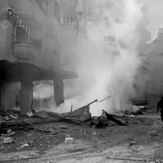 Man loopt weg van bombardement in Syrië