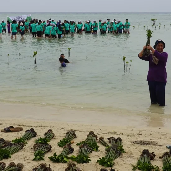 Mensen aan het werk in de oceaan bij Pari Island Indonesië