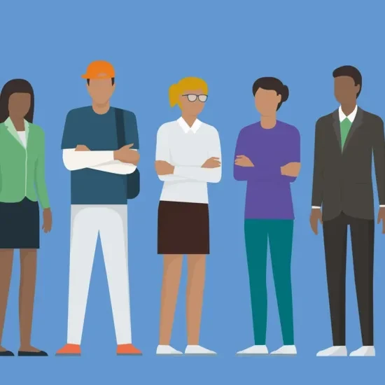 UNHCR campagnebeeld met een illustratie van 5 volwassen mensen.