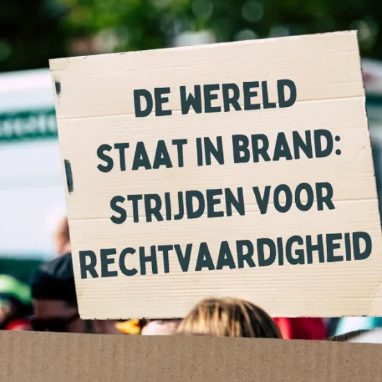 protestbord met tekst: 'de wereld staat in brand'